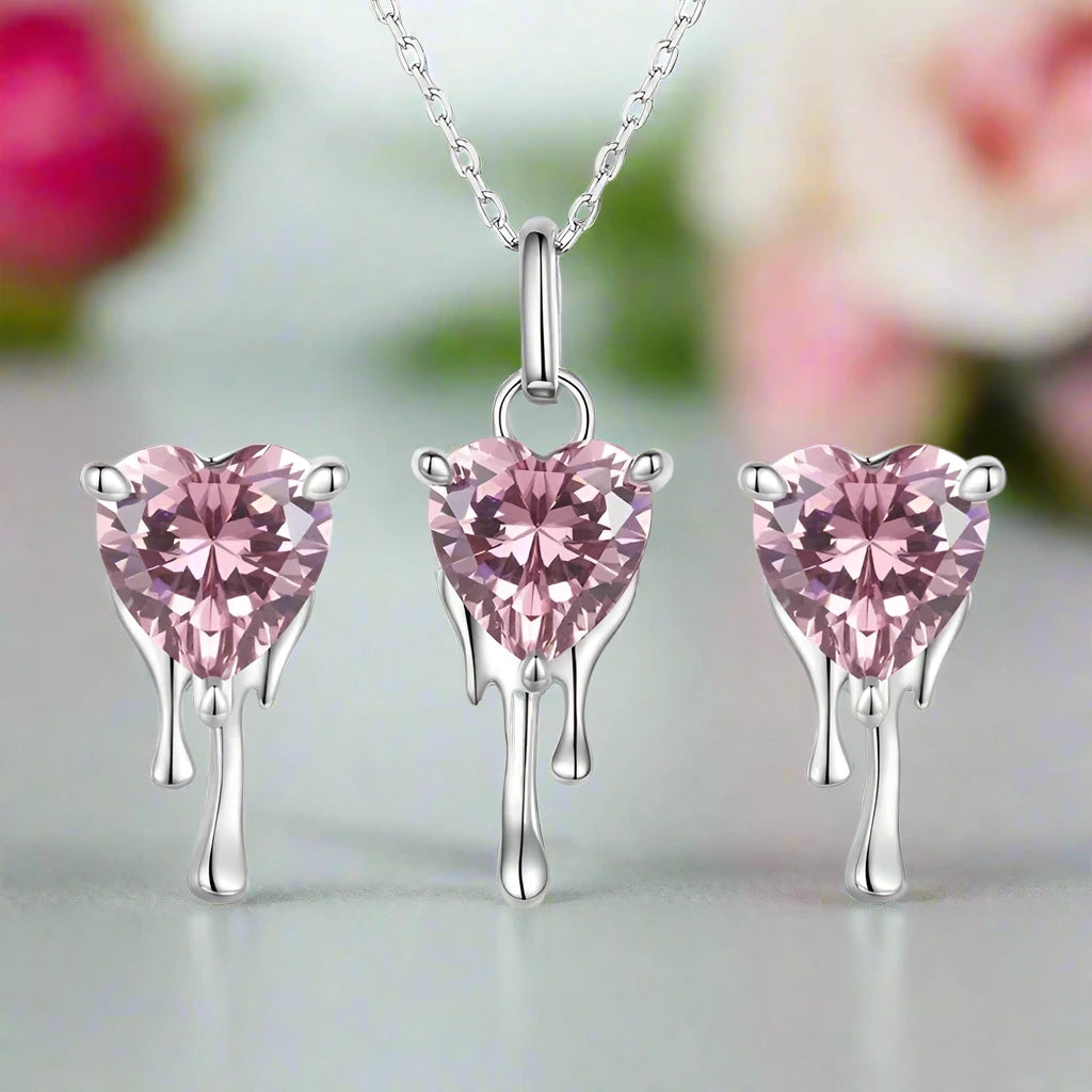 Heart-Cut Diamond with Drip Design Necklace & Earrings Jewelry Set-Black Diamonds New York