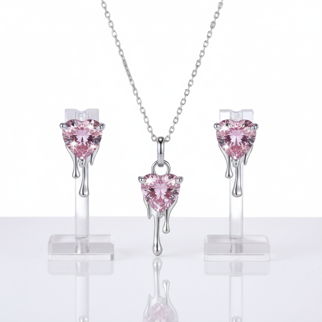 Heart-Cut Diamond Option with Drip Design Necklace & Earrings Jewelry Set-Black Diamonds New York