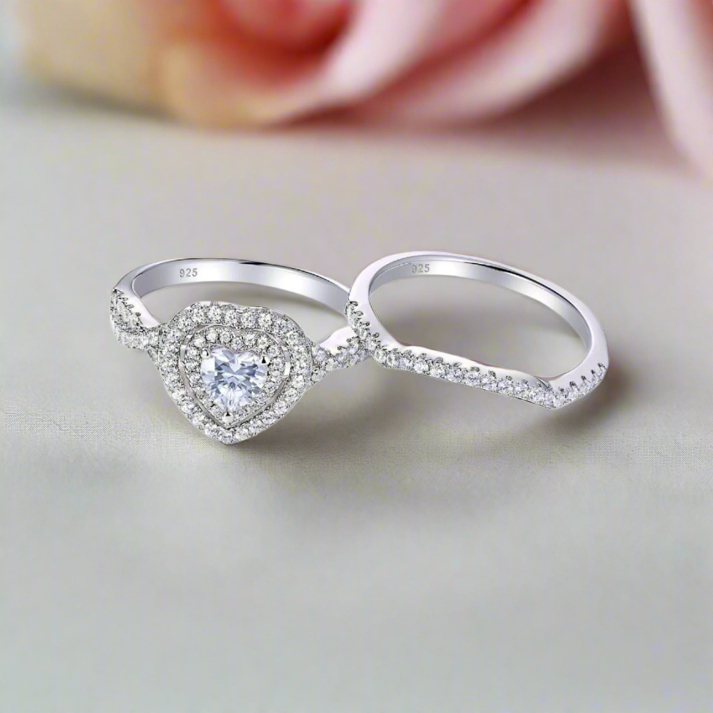 Heart-cut Diamond Halo Wedding Ring Set-Black Diamonds New York