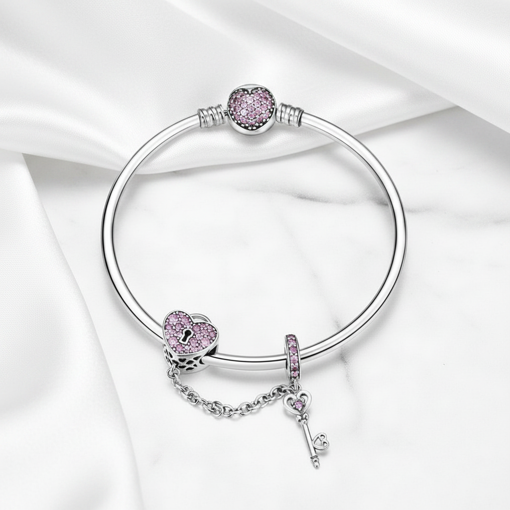 Heart Lock and Key Link Charm Bangle-Black Diamonds New York