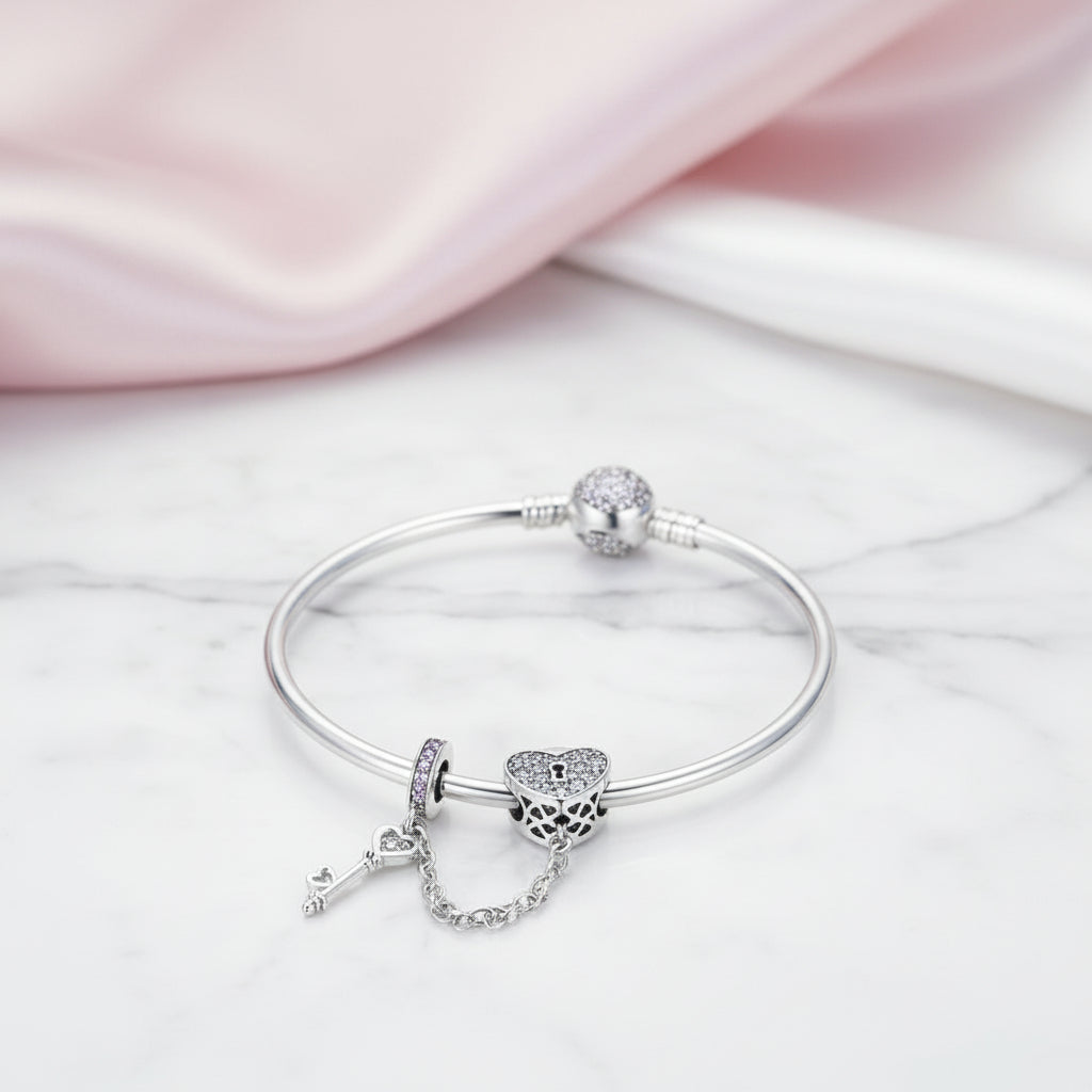 Heart Lock and Key Link Charm Bangle-Black Diamonds New York