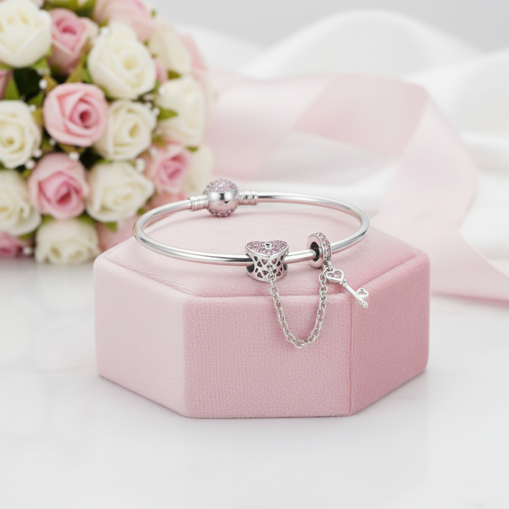 Heart Lock and Key Link Charm Bangle-Black Diamonds New York