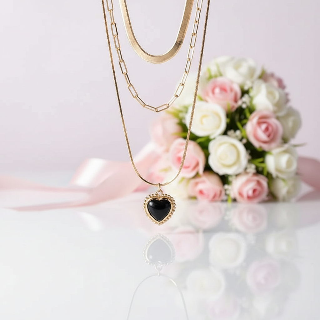 Heart Shaped Black Pendant Three Layer Choker Necklace-Black Diamonds New York