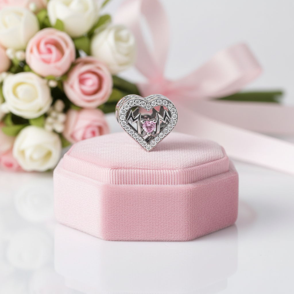 Heart Shaped Charm Bead with I love Mom-Black Diamonds New York