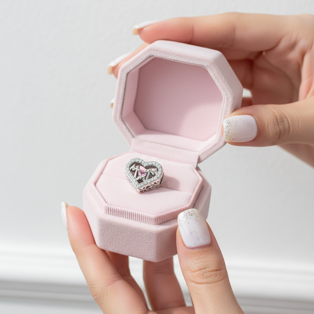 Heart Shaped Charm Bead with I love Mom-Black Diamonds New York