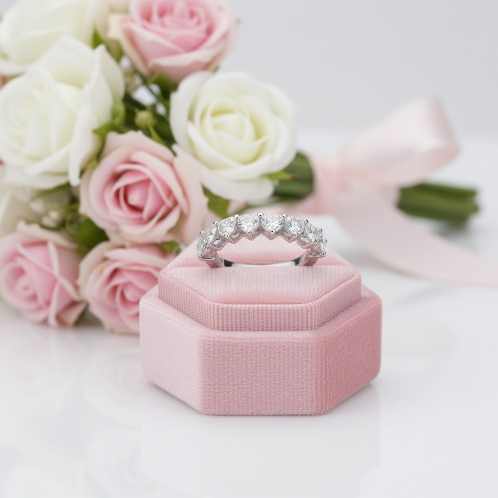 Diamond ring on a pink velvet box with pink and white roses in the background