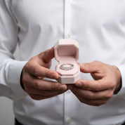 Person holding a pink jewelry box with a ring inside, wearing a white shirt.