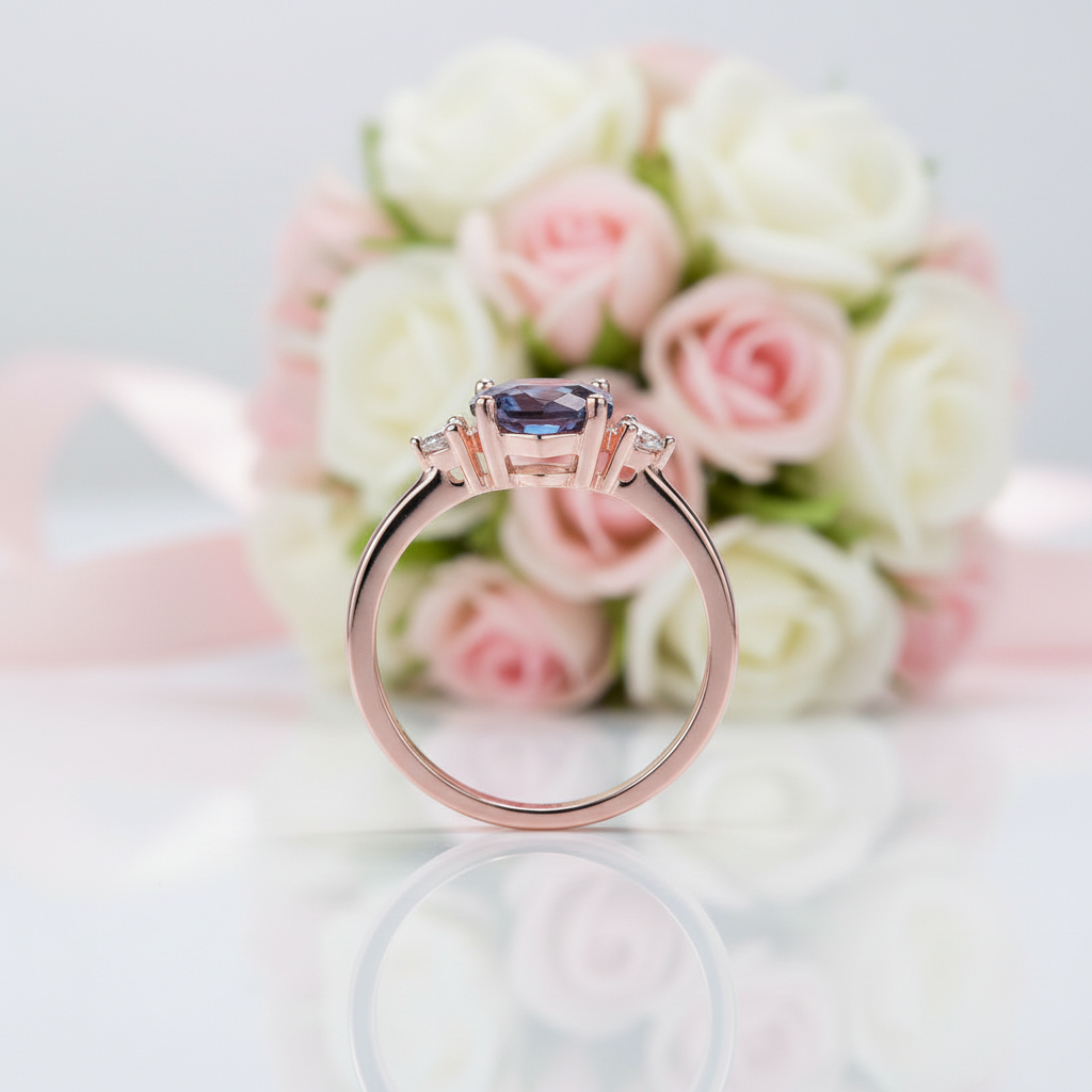 Hexagon Lab Grown Alexandrite Gemstone Ring-Black Diamonds New York