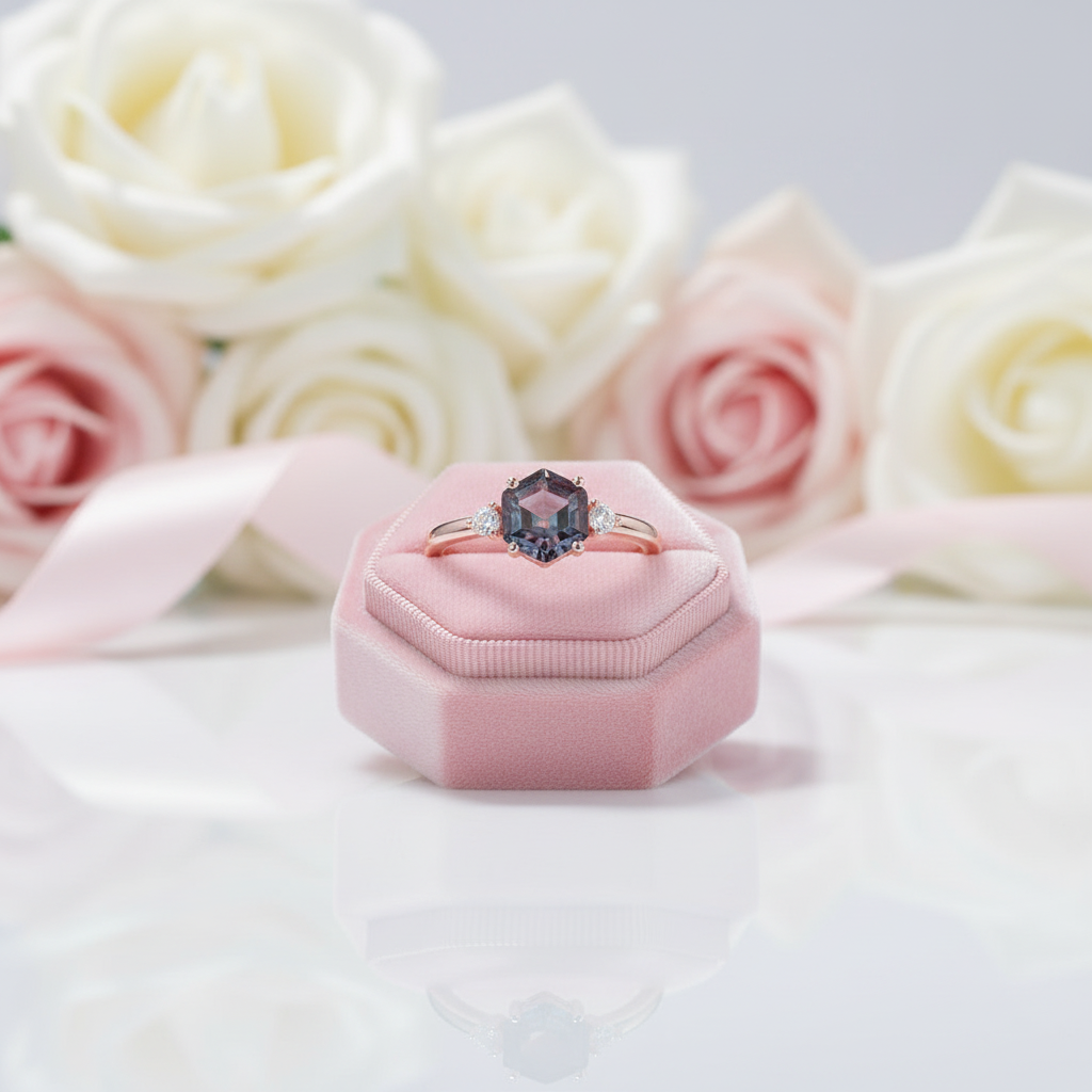 Hexagon Lab Grown Alexandrite Gemstone Ring-Black Diamonds New York