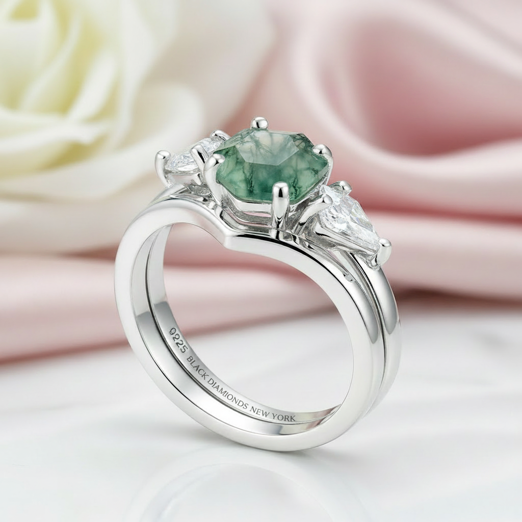 Hexagon Exquisite Moss Agate Engagement Ring Set-Black Diamonds New York