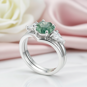 Hexagon Natural Moss Agate Engagement Ring Set-Black Diamonds New York