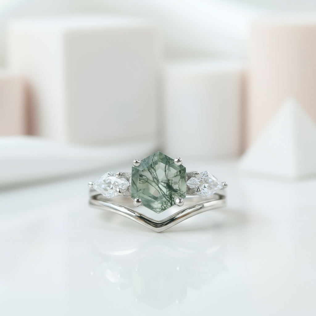 Hexagon Natural Moss Agate Engagement Ring Set-Black Diamonds New York