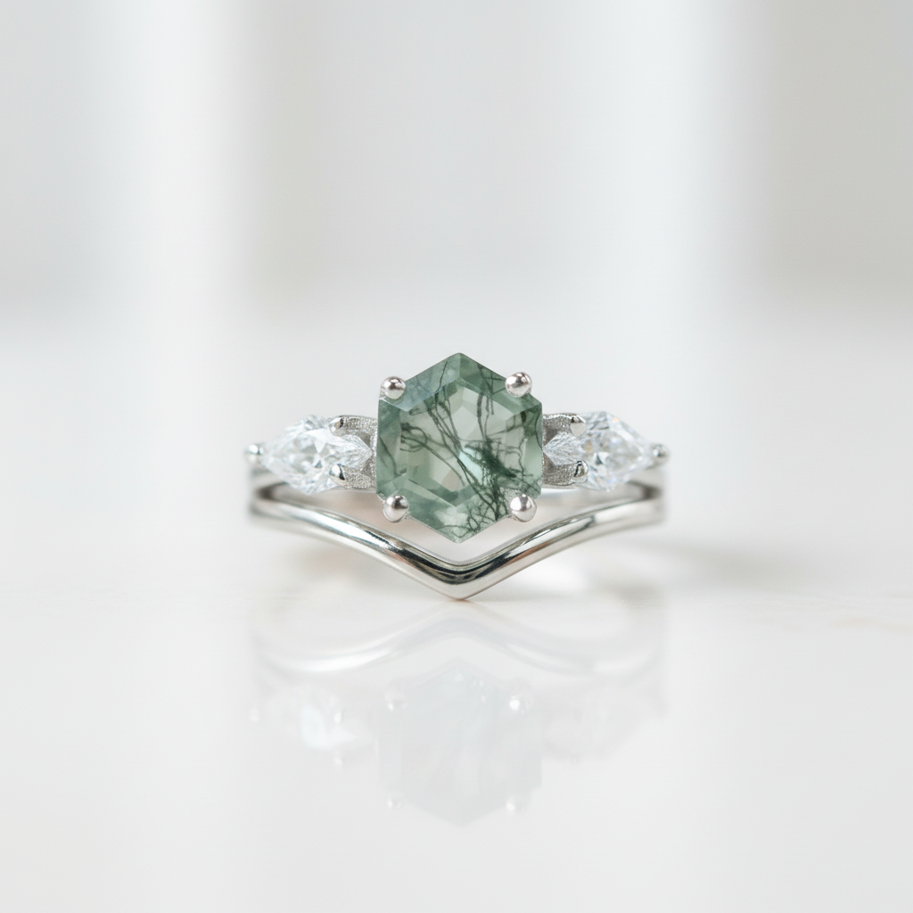 Hexagon Exquisite Moss Agate Engagement Ring Set-Black Diamonds New York