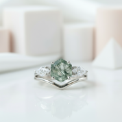 Hexagon Natural Moss Agate Engagement Ring Set-Black Diamonds New York