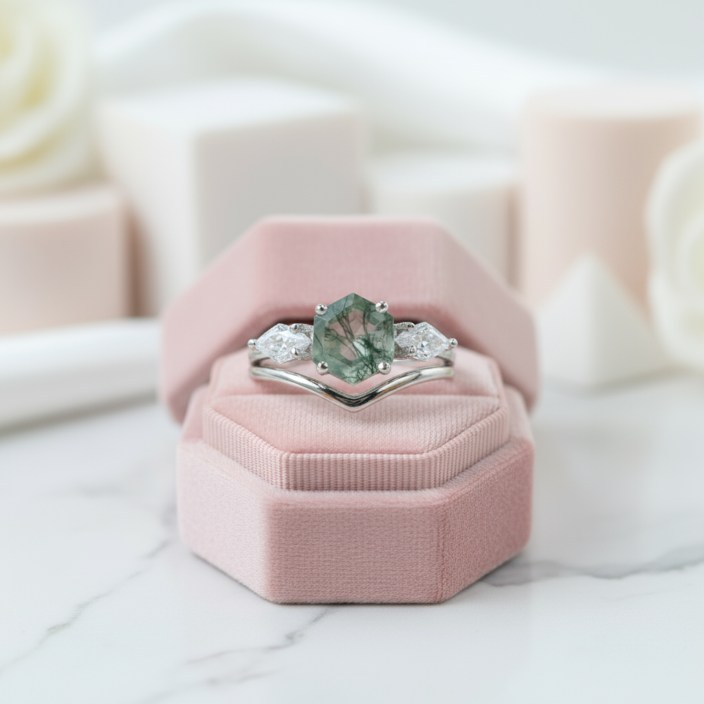 Hexagon Natural Moss Agate Engagement Ring Set-Black Diamonds New York