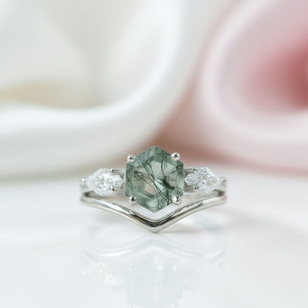 Hexagon Exquisite Moss Agate Engagement Ring Set-Black Diamonds New York