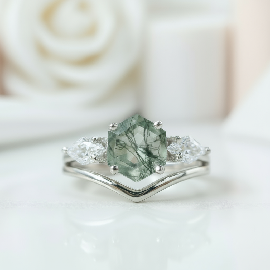 Hexagon Natural Moss Agate Engagement Ring Set-Black Diamonds New York