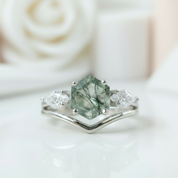 Hexagon Natural Moss Agate Engagement Ring Set-Black Diamonds New York