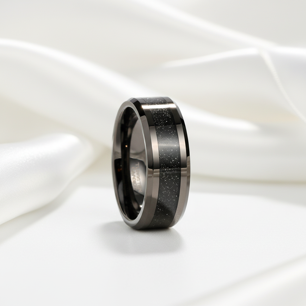 High Polished Beveled Edge Tungsten Wedding Band with Black Sandstone Inlay-Black Diamonds New York