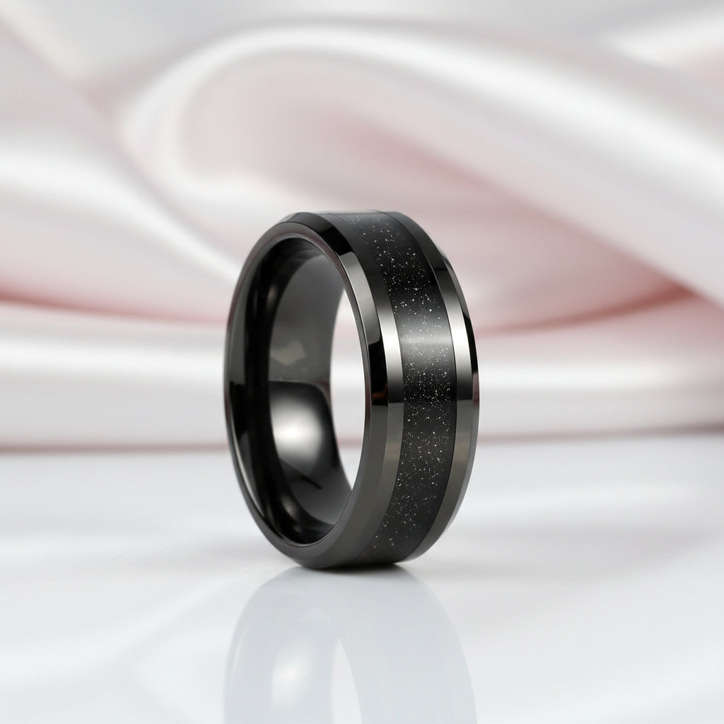High Polished Beveled Edge Tungsten Wedding Band with Black Sandstone Inlay-Black Diamonds New York