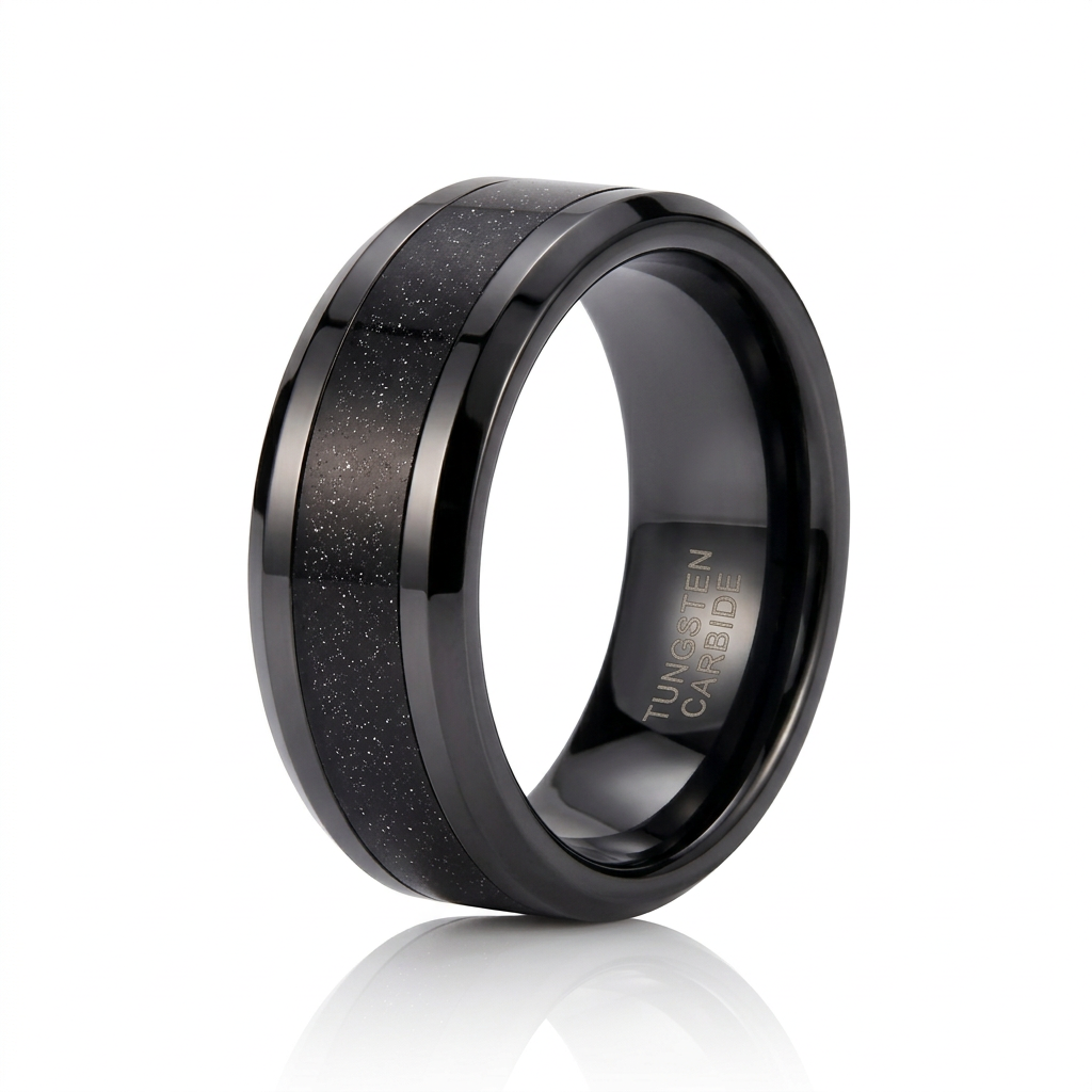 High Polished Beveled Edge Tungsten Wedding Band with Black Sandstone Inlay-Black Diamonds New York