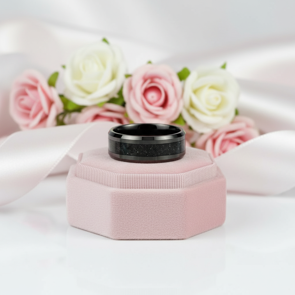 High Polished Beveled Edge Tungsten Wedding Band with Black Sandstone Inlay-Black Diamonds New York