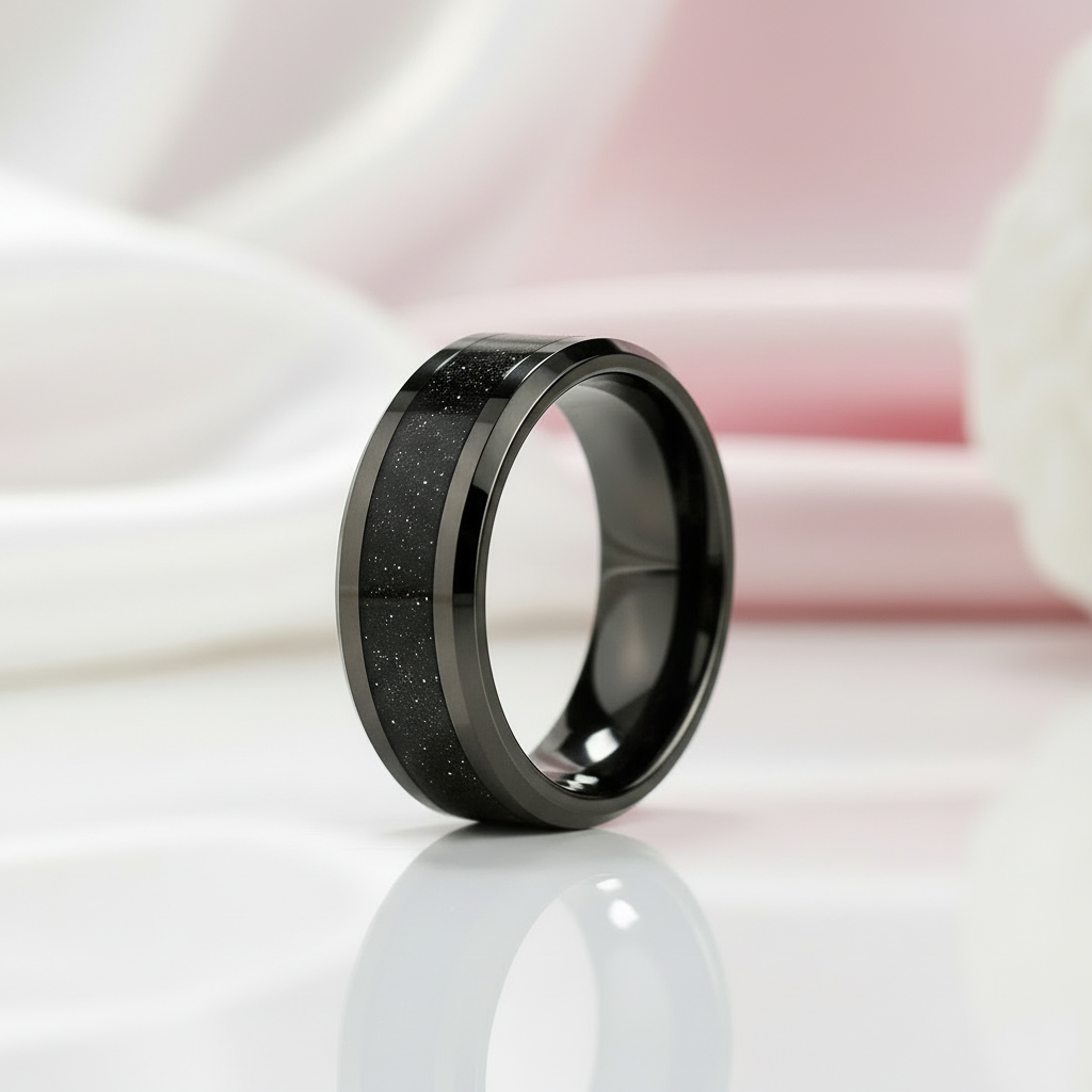 High Polished Beveled Edge Tungsten Wedding Band with Black Sandstone Inlay-Black Diamonds New York