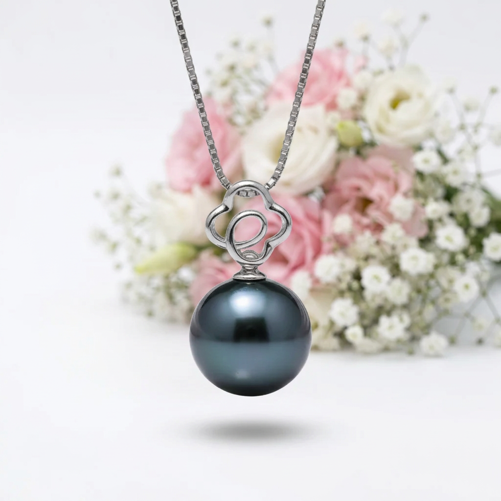 Hollow Flower Tahitian Pearl 18k Solid Gold Necklace-Black Diamonds New York