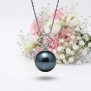 Hollow Flower Tahitian Pearl 18k Solid Gold Necklace-Black Diamonds New York