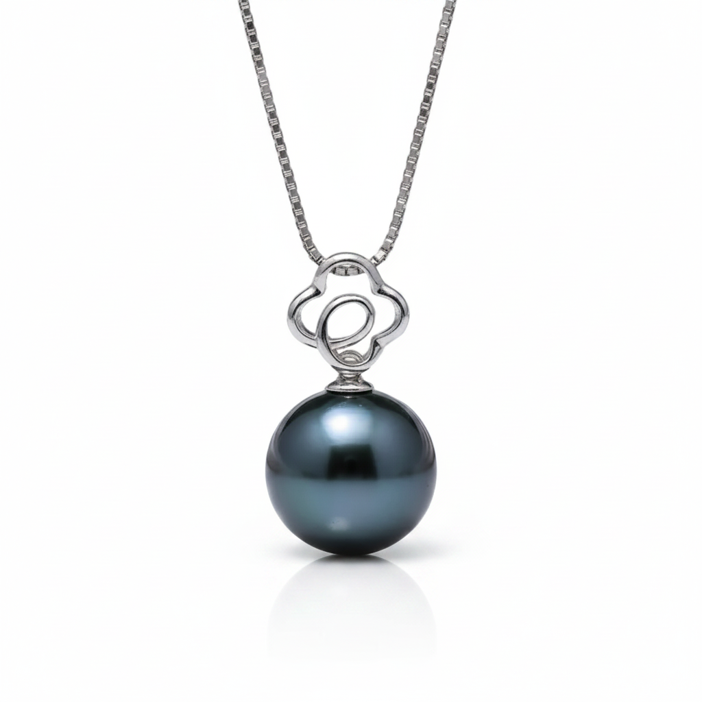 Hollow Flower Tahitian Pearl 18k Solid Gold Necklace-Black Diamonds New York