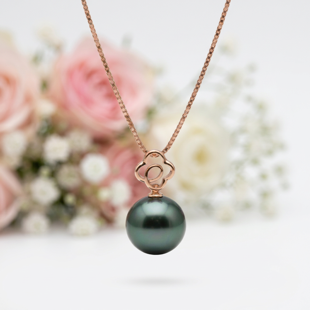 Hollow Flower Tahitian Pearl 18k Solid Gold Necklace-Black Diamonds New York