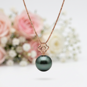 Hollow Flower Tahitian Pearl 18k Solid Gold Necklace-Black Diamonds New York