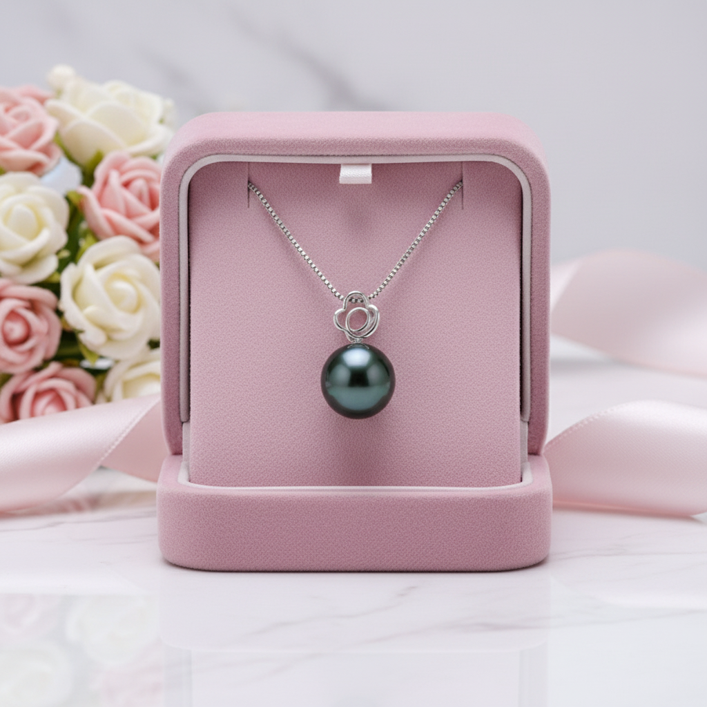 Hollow Flower Tahitian Pearl 18k Solid Gold Necklace-Black Diamonds New York
