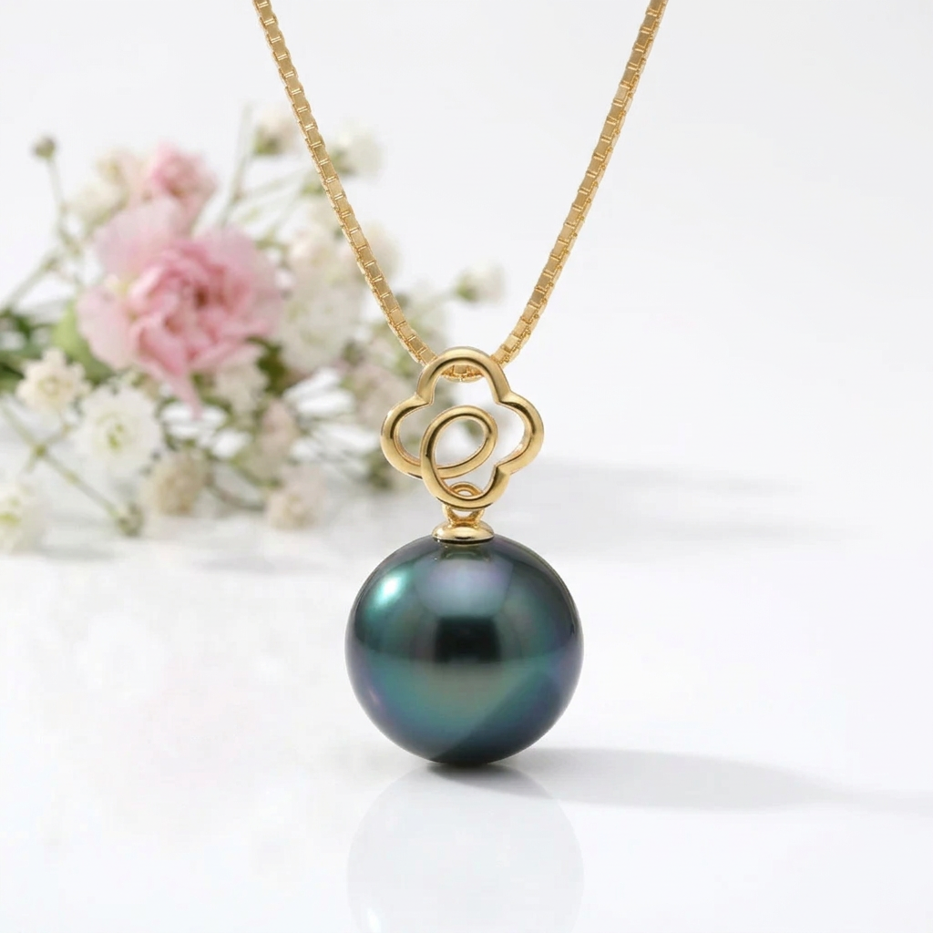 Hollow Flower Tahitian Pearl 18k Solid Gold Necklace-Black Diamonds New York