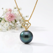 Hollow Flower Tahitian Pearl 18k Solid Gold Necklace-Black Diamonds New York