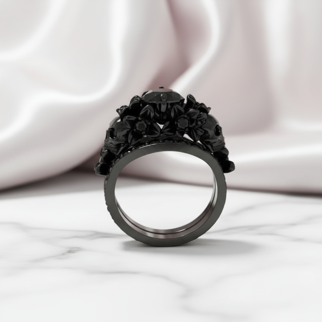 I Do Wedding Rings - 1.5 Ct Round Cut Diamond Option Skull Wedding Rings in 14K White Gold and Black Enamel-Black Diamonds New York