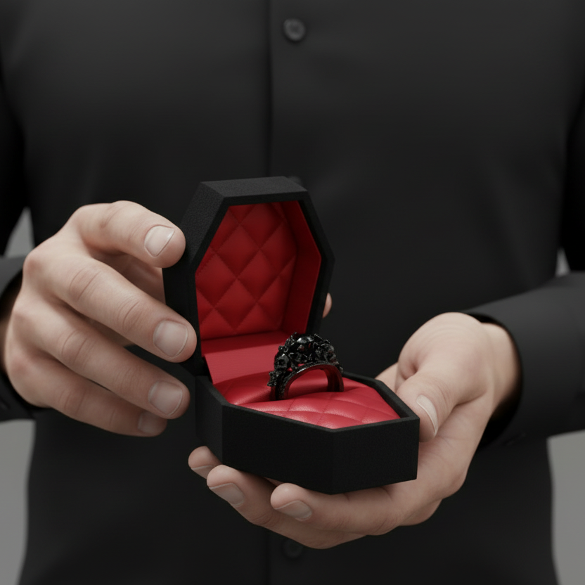 I Do Wedding Rings - 1.5 Ct Round Cut Diamond Option Skull Wedding Rings in 14K White Gold and Black Enamel-Black Diamonds New York