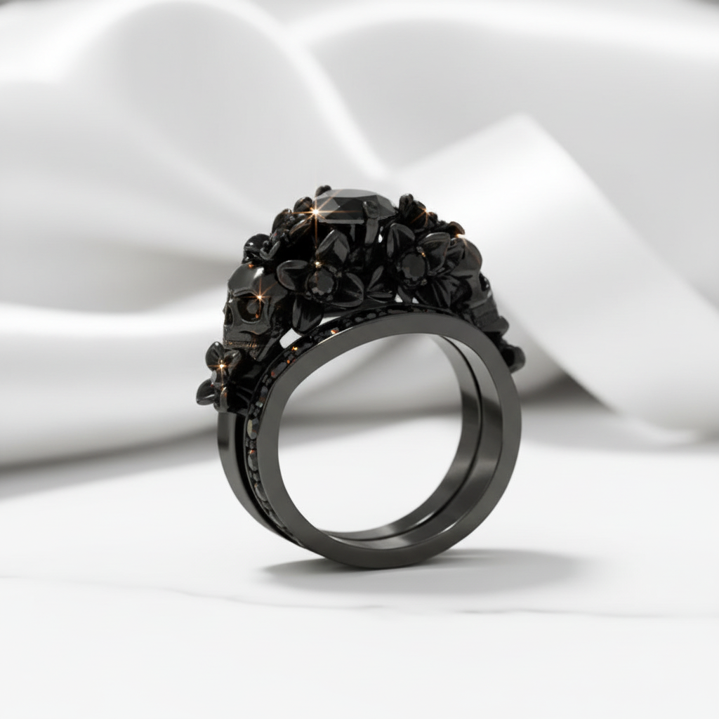 I Do Wedding Rings - 1.5 Ct Round Cut Diamond Option Skull Wedding Rings in 14K White Gold and Black Enamel-Black Diamonds New York