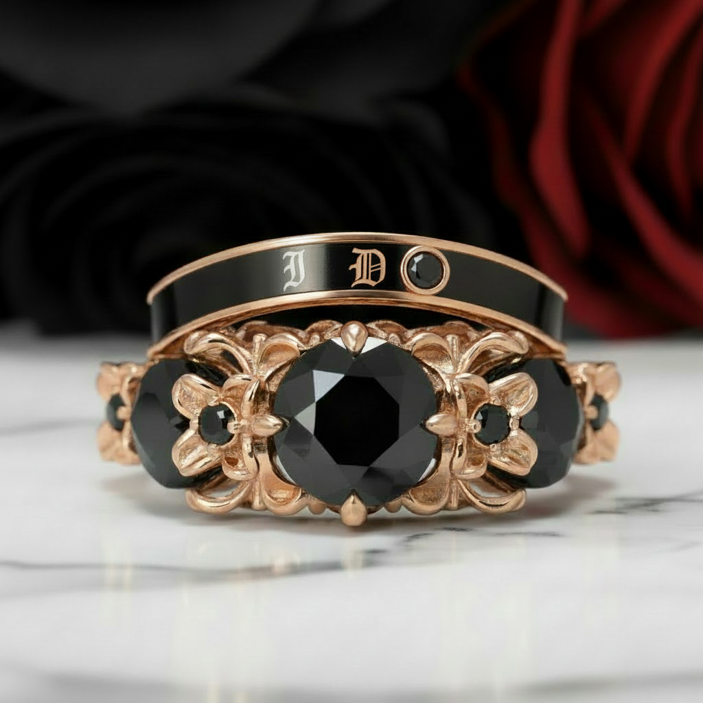 I Do Wedding Rings - 1.5 Ct Round Cut Diamond Option Skull Wedding Rings in 14K White Gold and Black Enamel-Black Diamonds New York