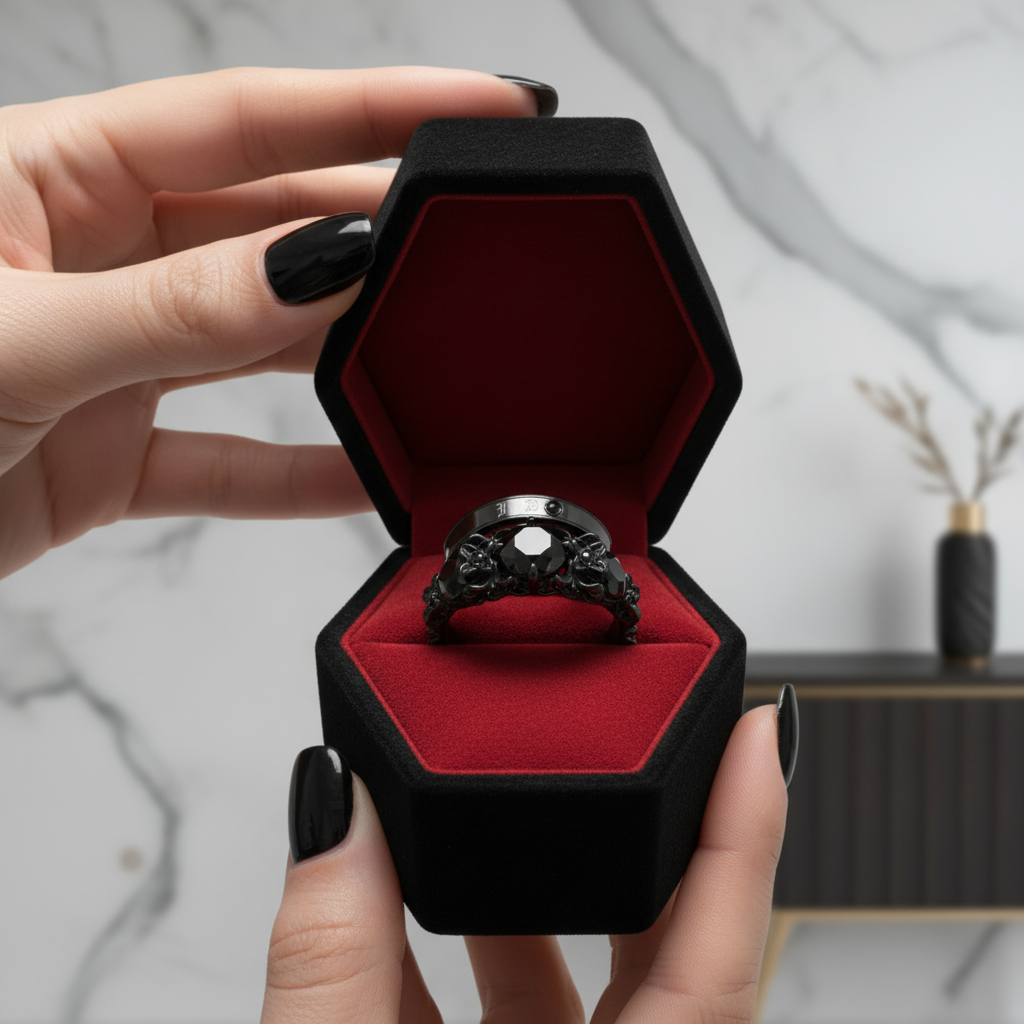 I Do Wedding Rings - 1.5 Ct Round Cut Diamond Option Skull Wedding Rings in 14K White Gold and Black Enamel-Black Diamonds New York