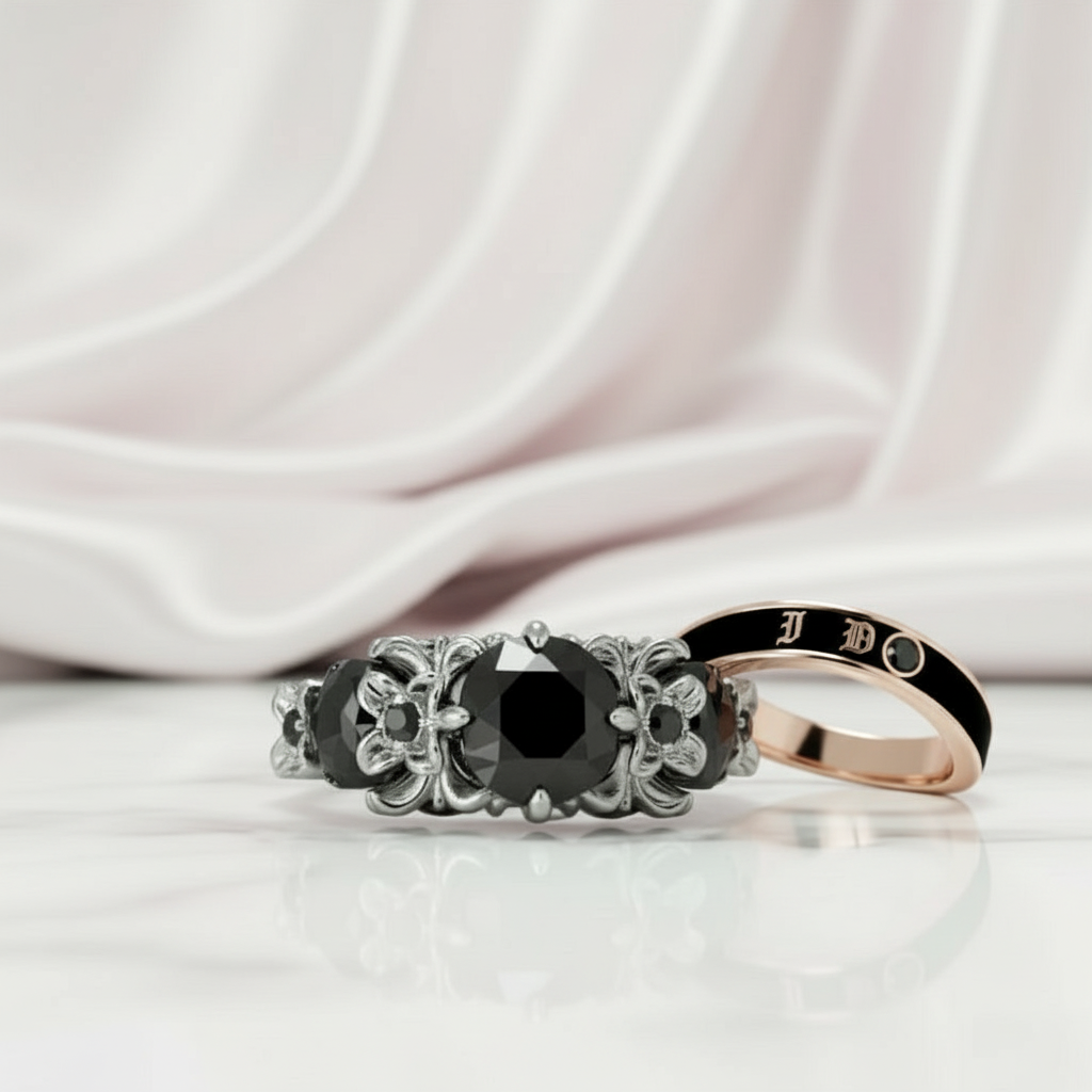 I Do Wedding Rings - 1.5 Ct Round Cut Diamond Skull Wedding Rings in 14K White Gold and Black Enamel-Black Diamonds New York