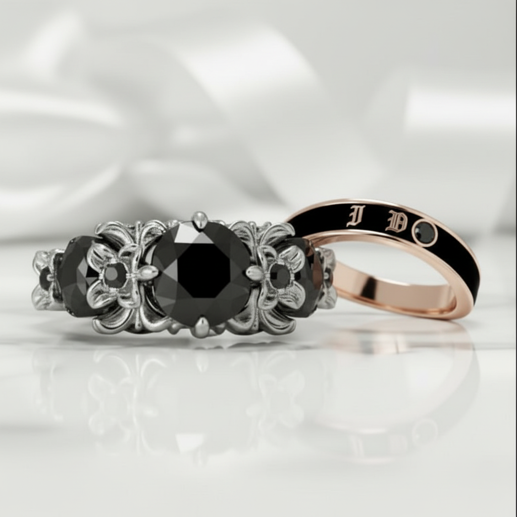 I Do Wedding Rings - 1.5 Ct Round Cut Diamond Option Skull Wedding Rings in 14K White Gold and Black Enamel-Black Diamonds New York