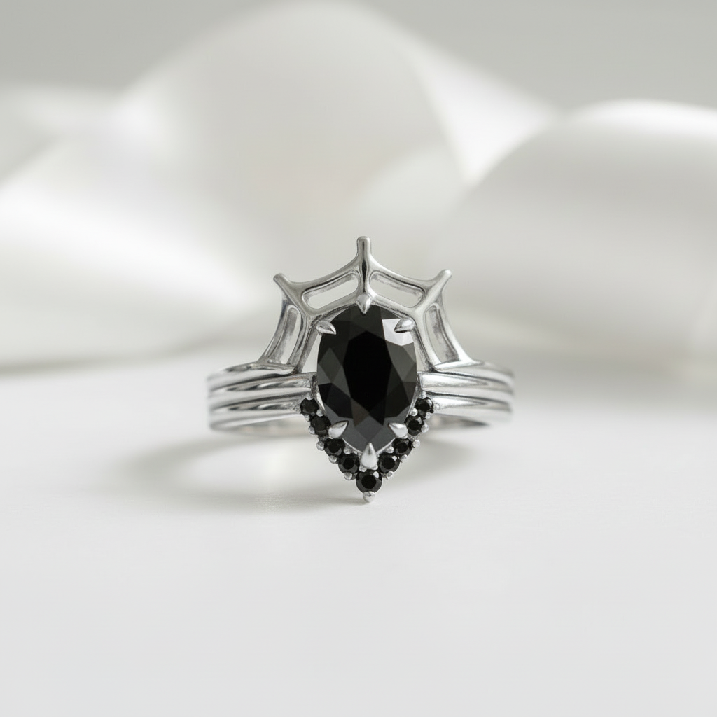 I Got You- 3pc Black Pear Cut Diamond Spider Web Promise Ring-Black Diamonds New York