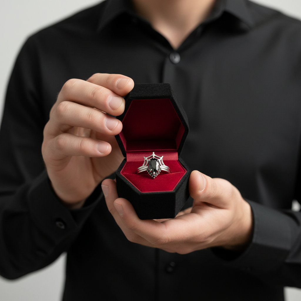 I Got You- 3pc Black Pear Cut Diamond Spider Web Promise Ring-Black Diamonds New York