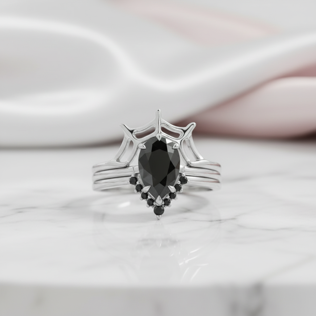 I Got You- 3pc Black Pear Cut Diamond Spider Web Promise Ring-Black Diamonds New York