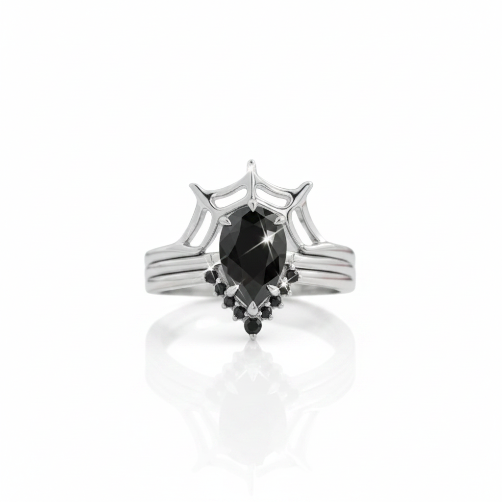 I Got You- 3pc Black Pear Cut Diamond Option Spider Web Promise Ring-Black Diamonds New York