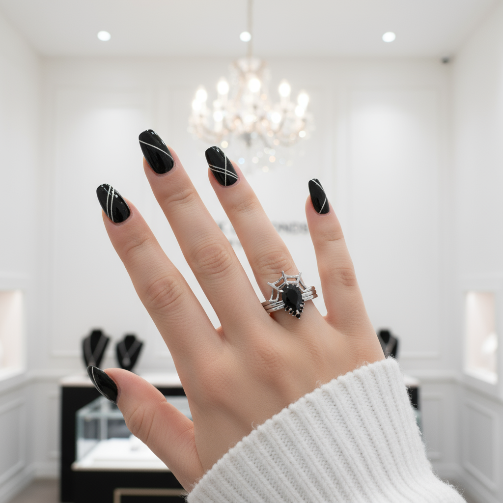 I Got You- 3pc Black Pear Cut Diamond Option Spider Web Promise Ring-Black Diamonds New York