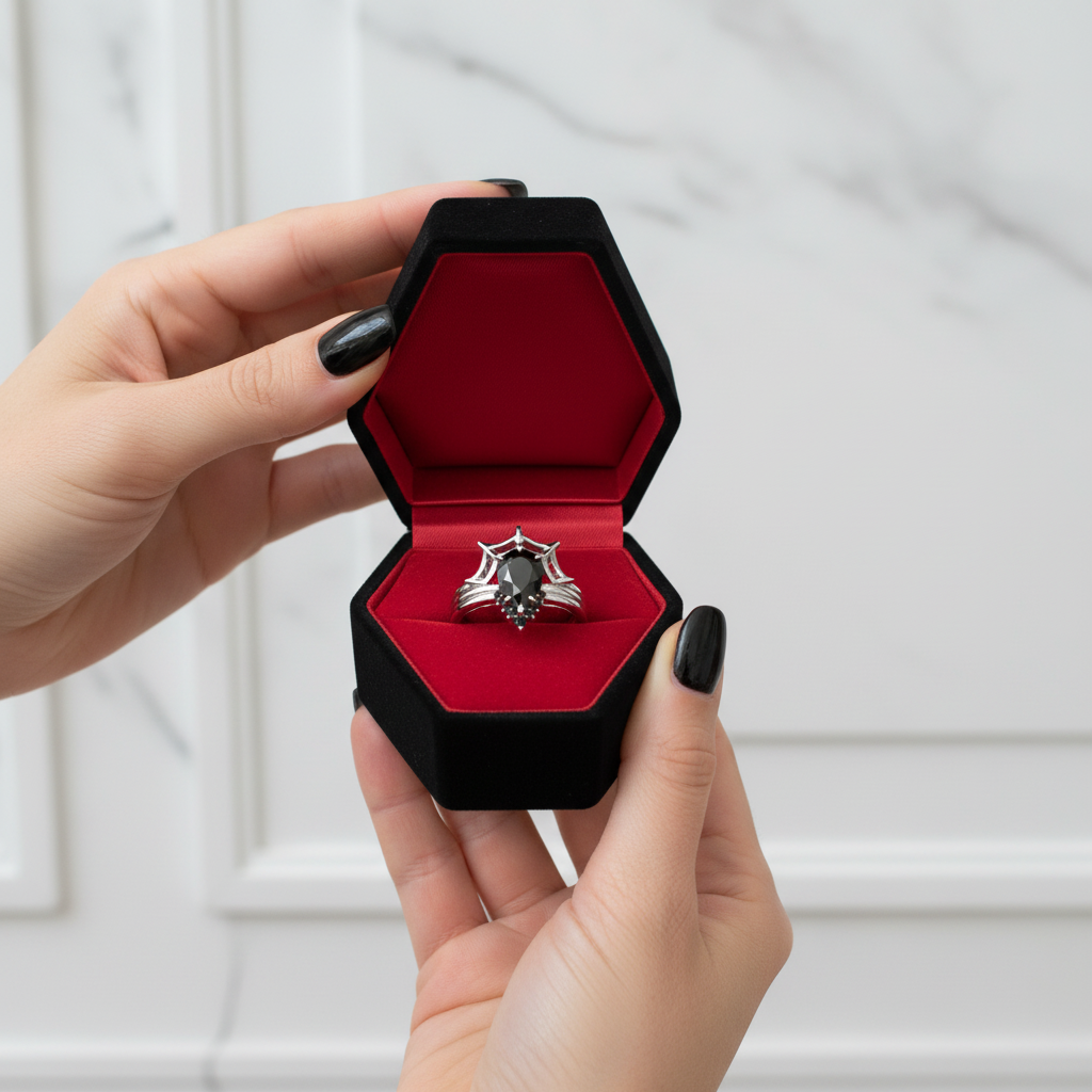 I Got You- 3pc Black Pear Cut Diamond Spider Web Promise Ring-Black Diamonds New York