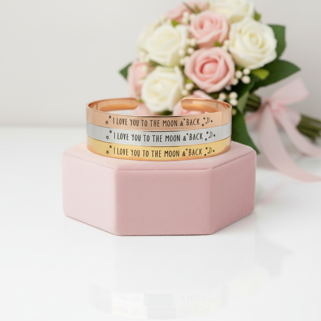 I Love You To The Moon And Back Stainless Steel Bangle-Black Diamonds New York