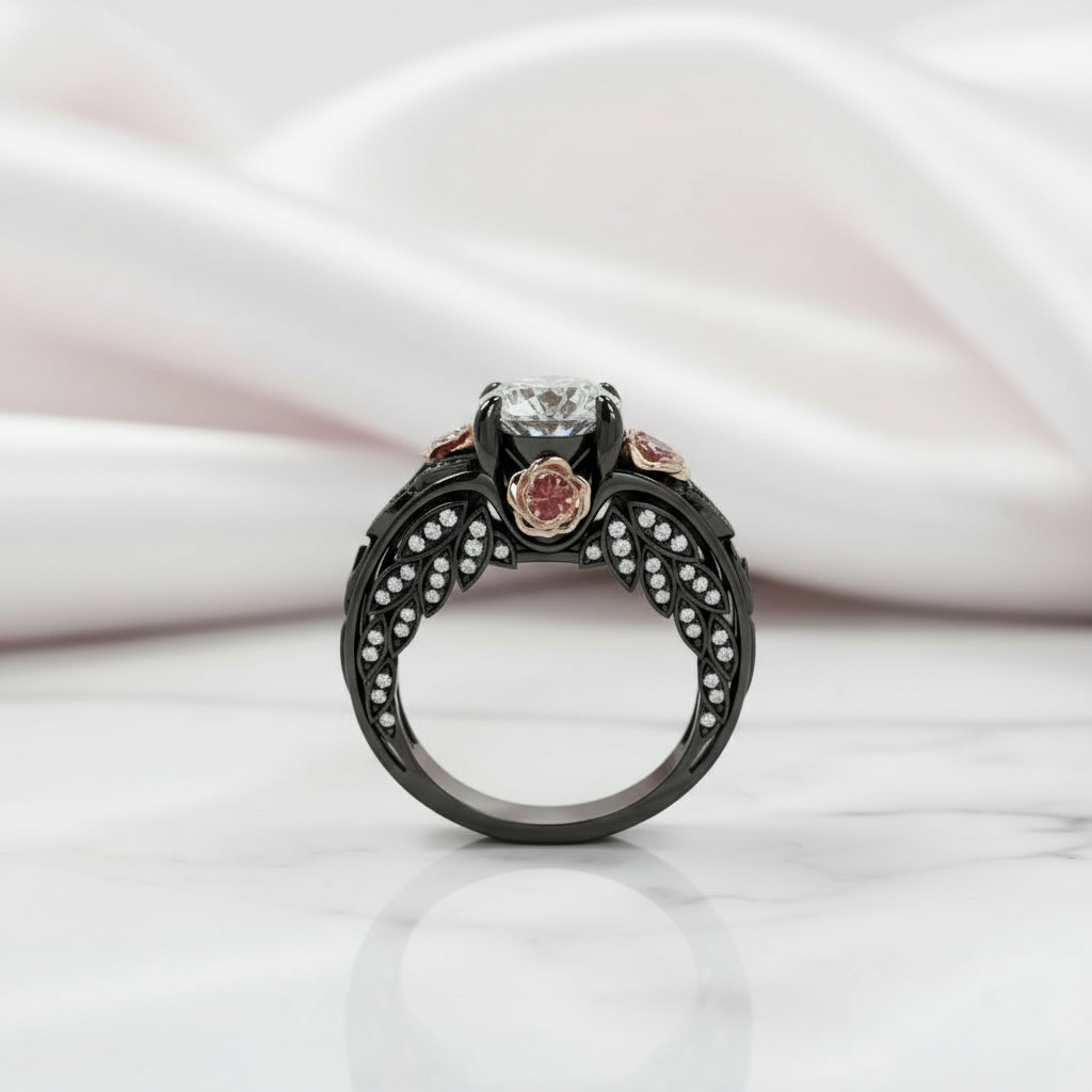 I Want You Promise Ring- 1.5 ct Round Cut Diamond and Black Roses Gothic Ring-Black Diamonds New York